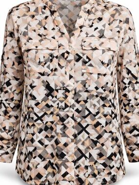 Calvin Klein Geometric Blouse Button Front Roll Tab Sleeve Neutral Work Office